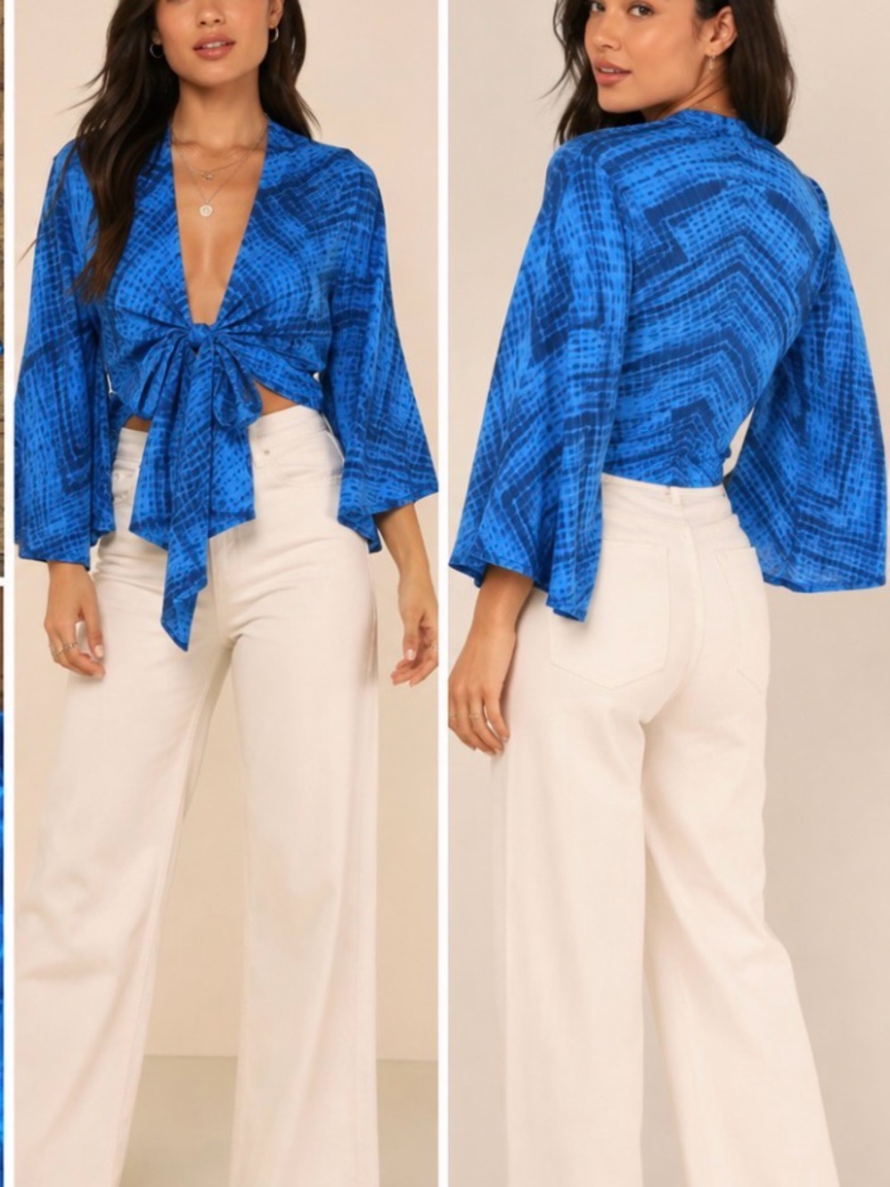 Elan Electric Blue Mesh Tie-Front Blouse